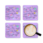 Colorful My Bestie Violet Coaster Set with playful text design, featuring high-gloss MDF surface and cork backing for non-slip protection.