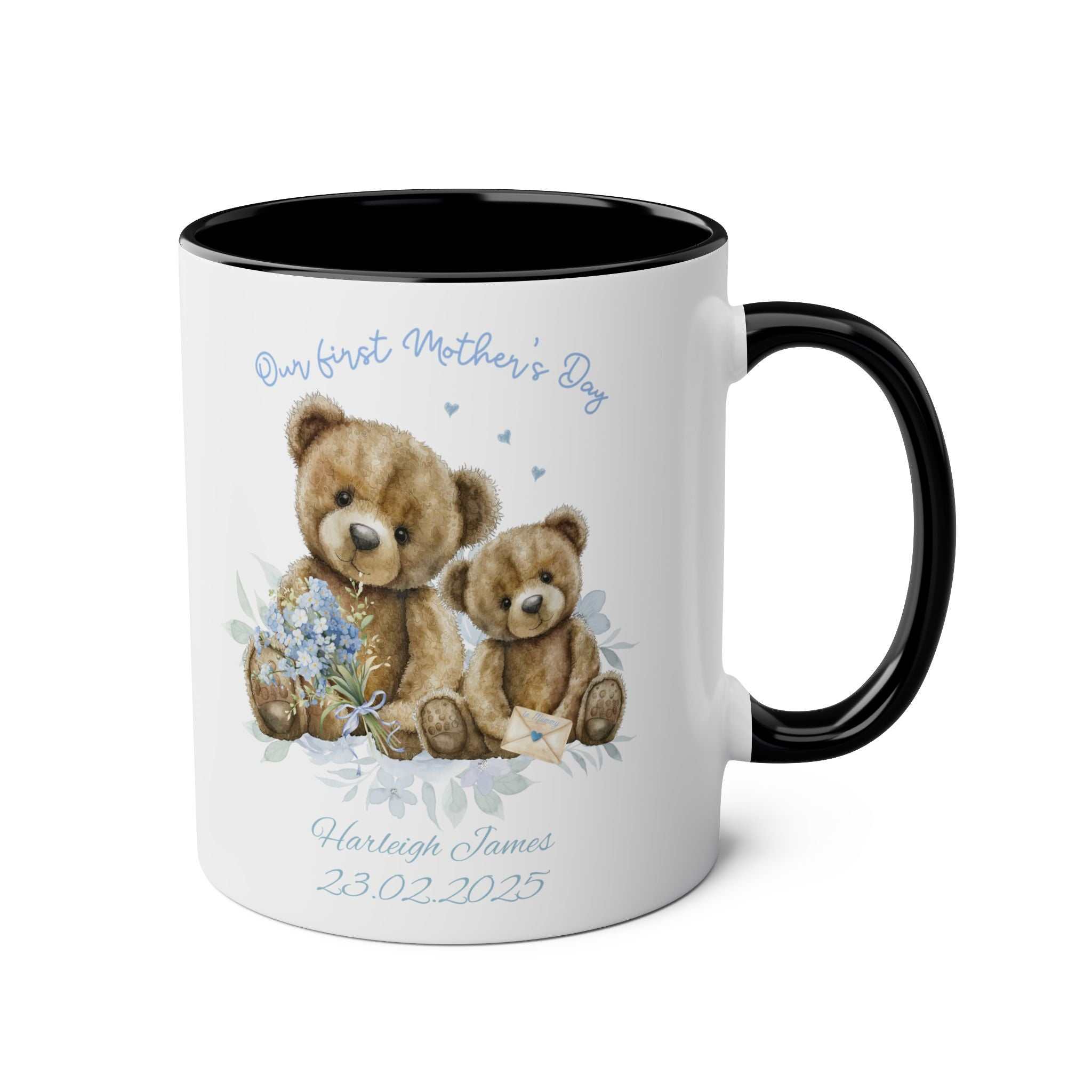 Personalised Our First Mother's Day Boy Gift Mug with teddy bear design and custom message.
