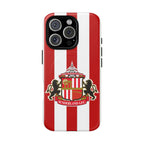 Sunderland FC MagSafe iPhone case with red and white stripes and club crest, dual-layer protective design