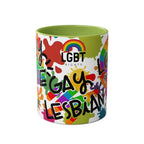 LGBTQ+ Pride mug with vibrant rainbow design and equality message.