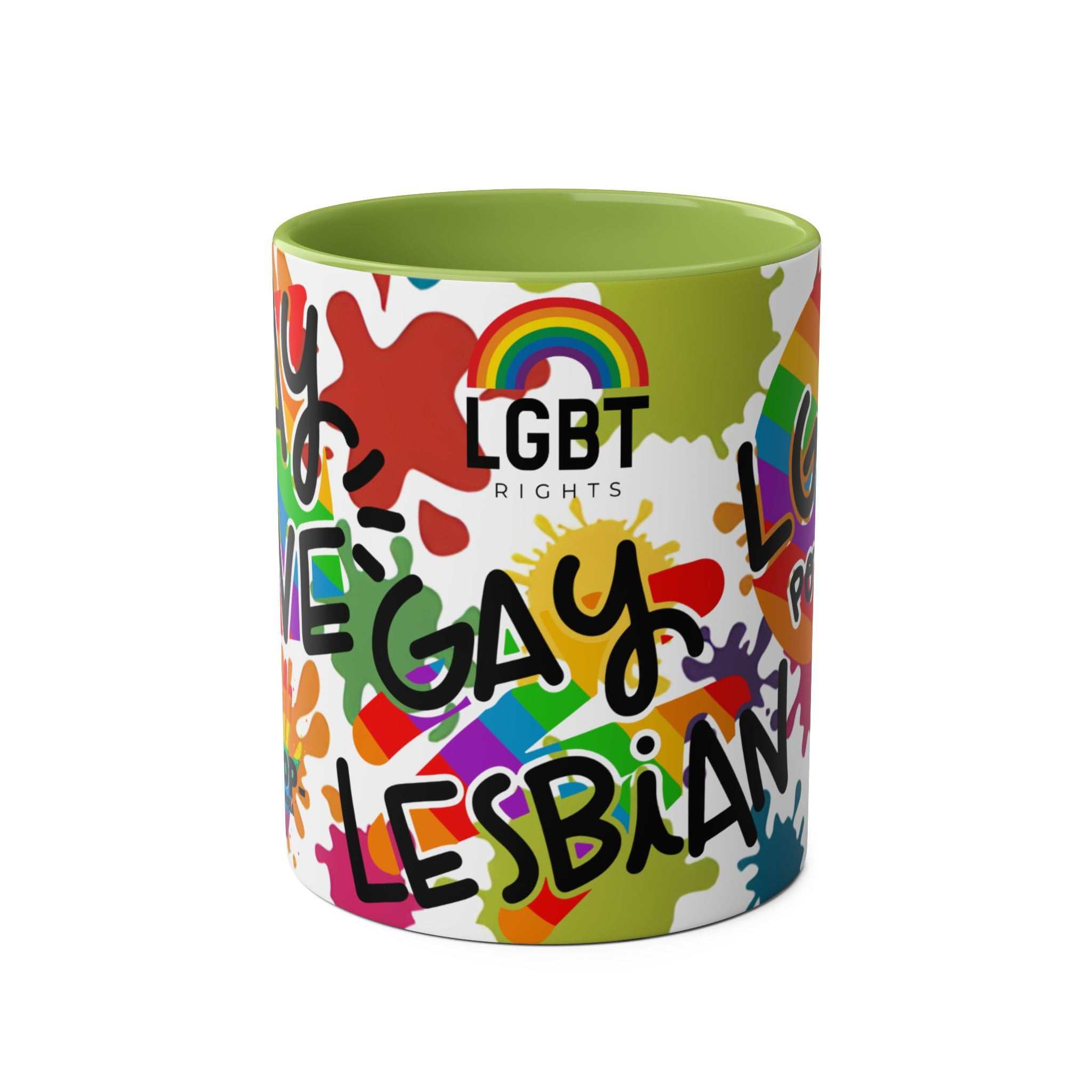 LGBTQ+ Pride mug with vibrant rainbow design and equality message.