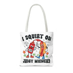 Cheeky I Squirt On Juicy Wieners Fun Tote Bag with hot dog print and durable design