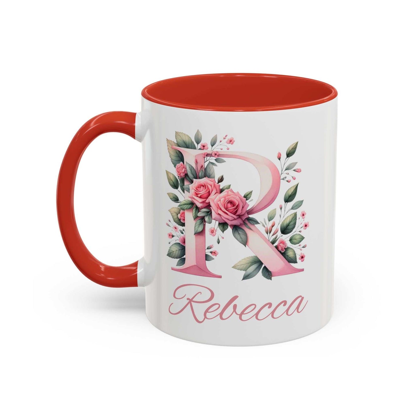 Personalised watercolour roses gift mug with custom name and initial, ceramic, vibrant print.