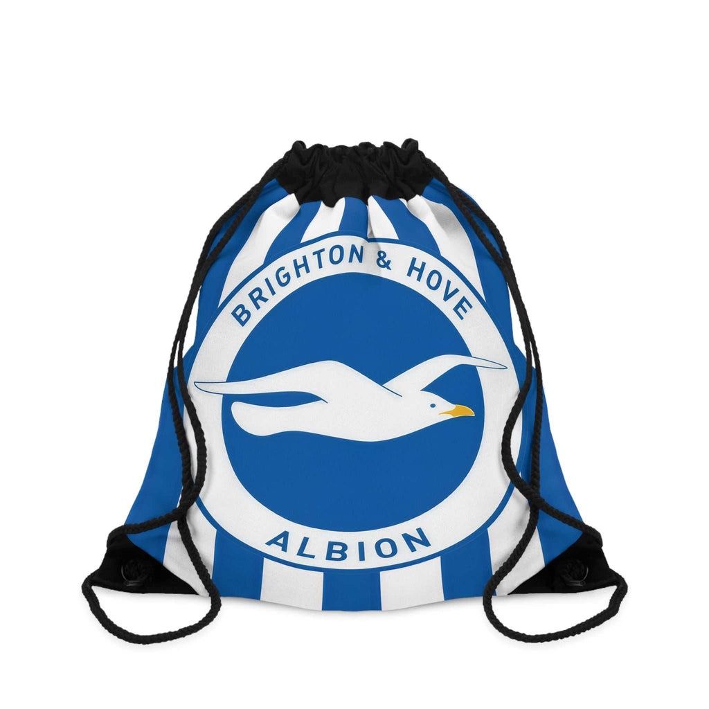 Brighton FC drawstring bag in blue and white with seagull logo, lightweight polyester, spacious and durable for gym and travel