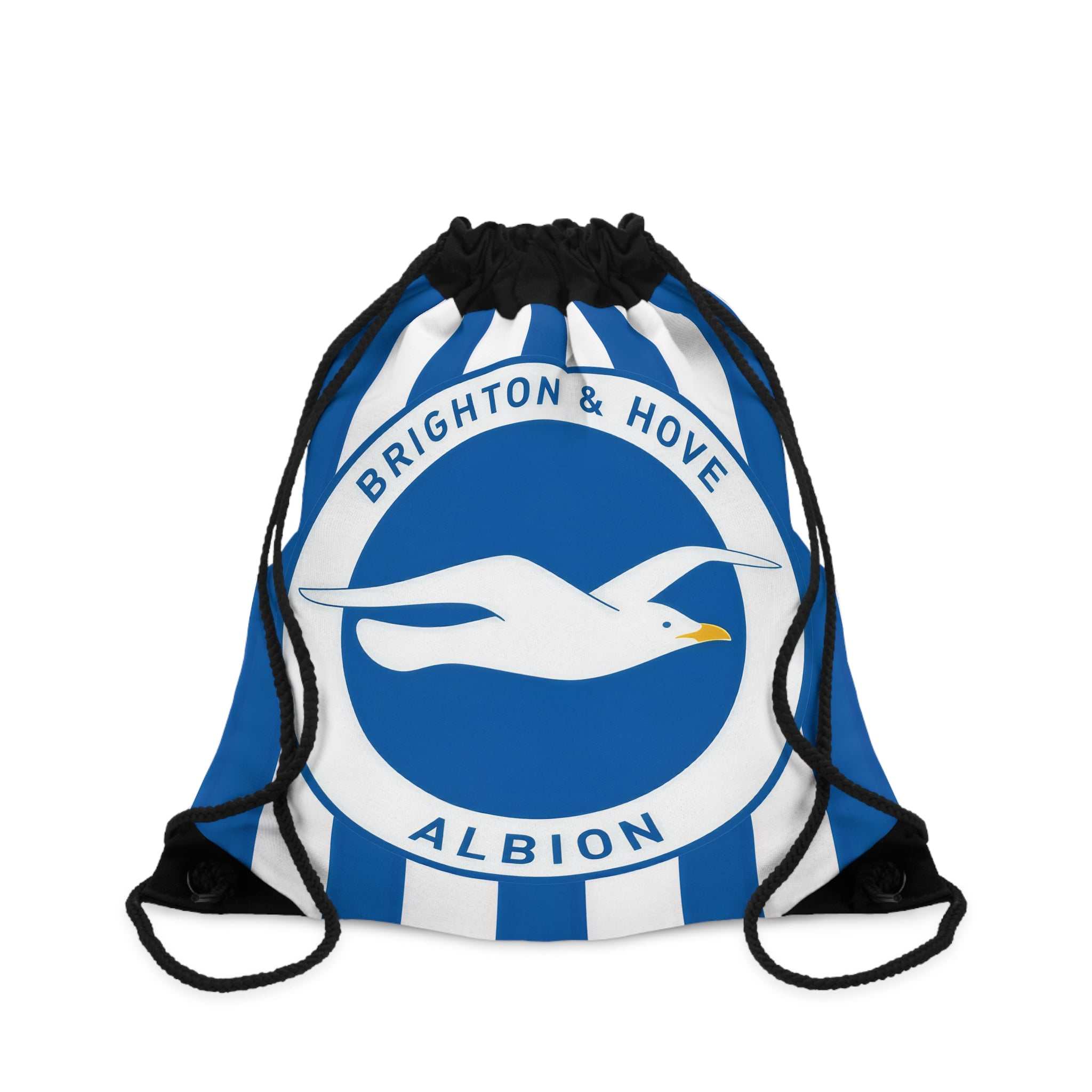 Brighton FC drawstring bag in blue and white with seagull logo, lightweight polyester, spacious and durable for gym and travel
