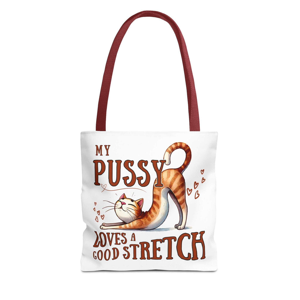 Fun stretching cat tote bag with cheeky design and colorful handles