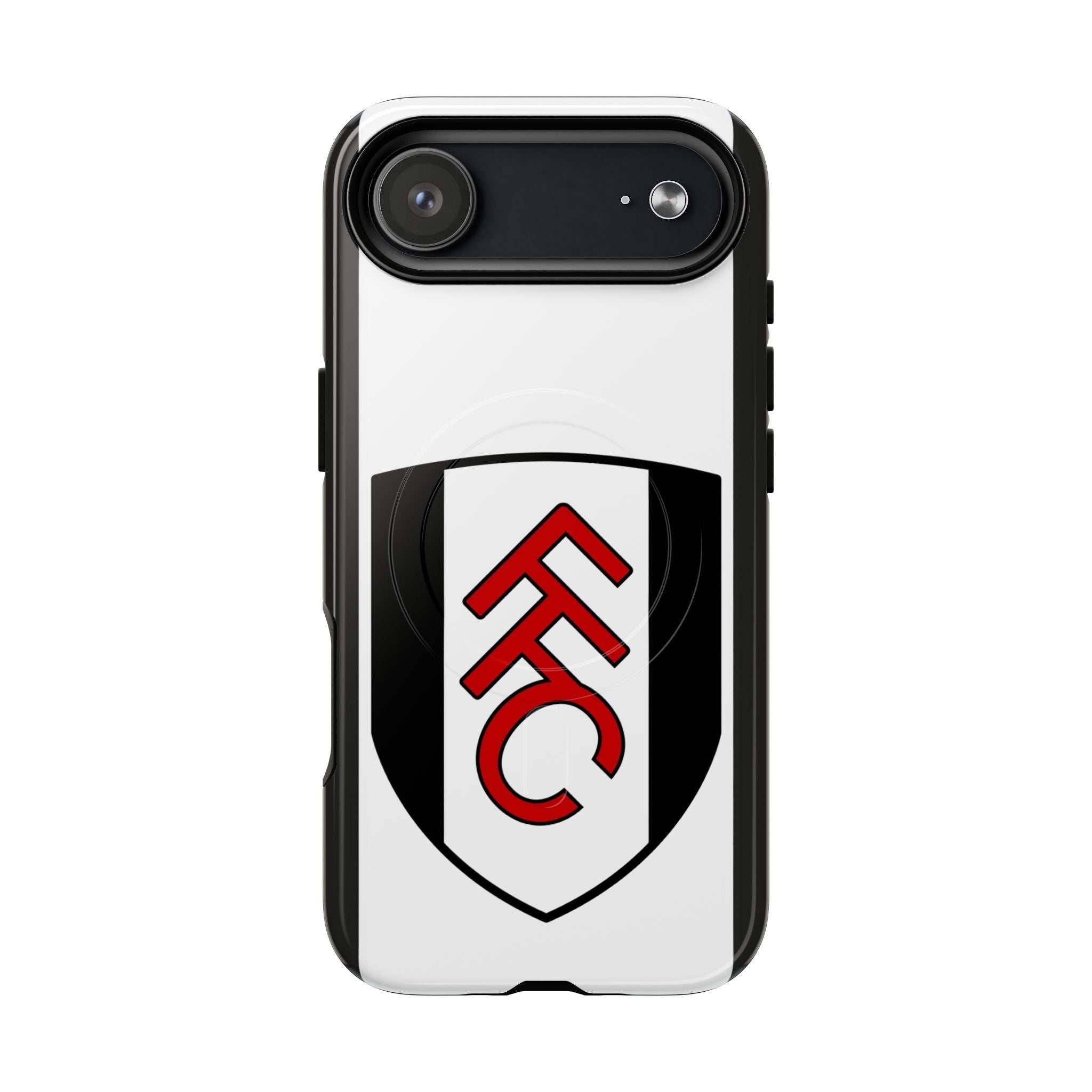 Fulham FC MagSafe iPhone case with official-inspired crest in black and white colors, slim dual-layer protective design with wireless charging compatibility