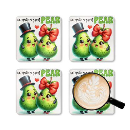 We Make A Great Pair coaster set with adorable pear graphics and fun message, perfect for protecting surfaces.