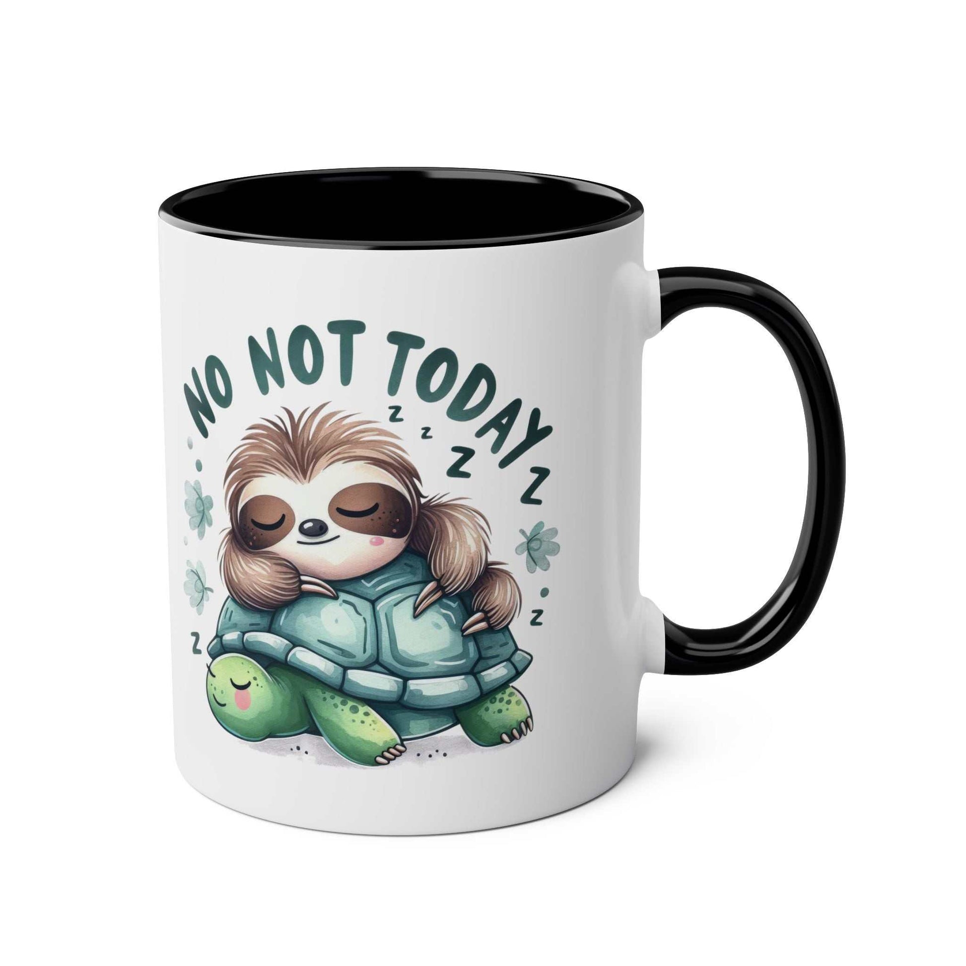 Cute sloth coffee mug with sloth design and black handle, 11oz ceramic.