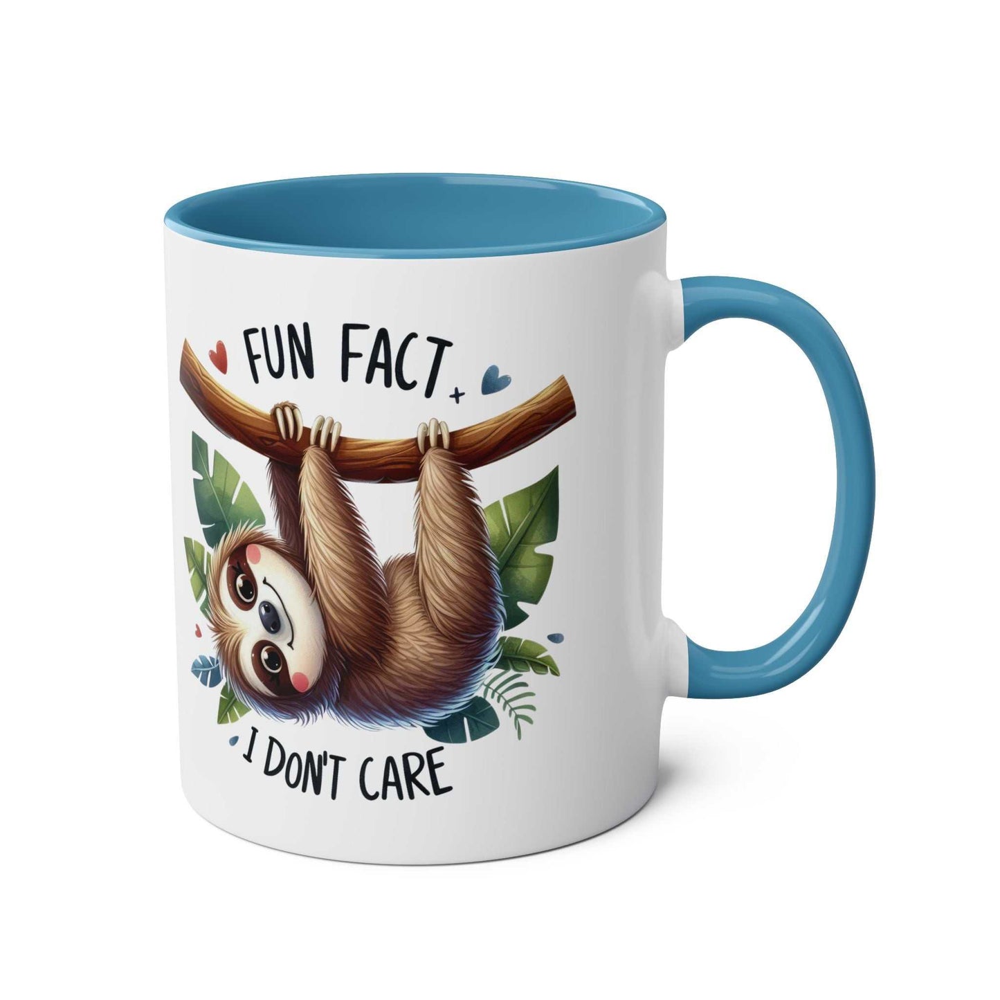 Cute sloth coffee mug with whimsical sloth design and text, blue interior and handle.