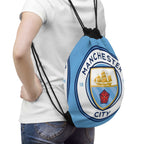 Manchester City drawstring bag in sky blue with club crest, lightweight polyester, ideal for sports and casual use