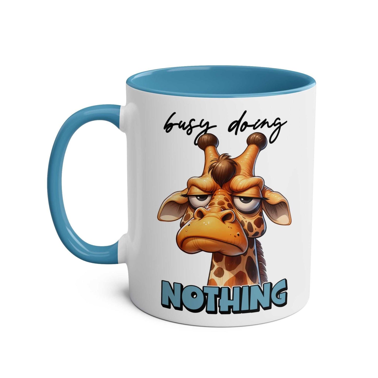 Giraffe coffee mug with "Busy Doing Nothing" design, 11oz ceramic, microwave and dishwasher safe.