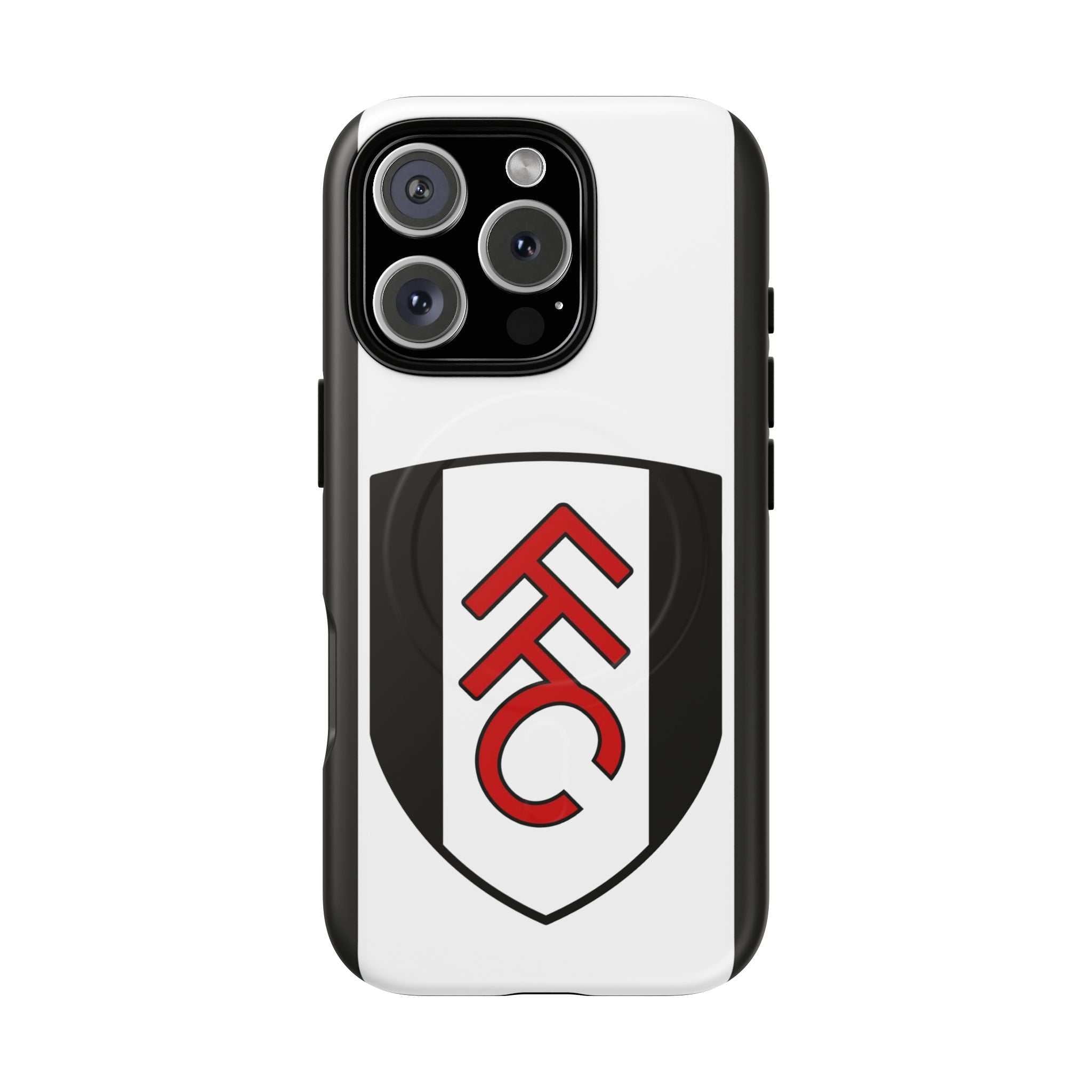 Fulham FC MagSafe iPhone case with black and white colors, dual-layer protection, and wireless charging compatibility