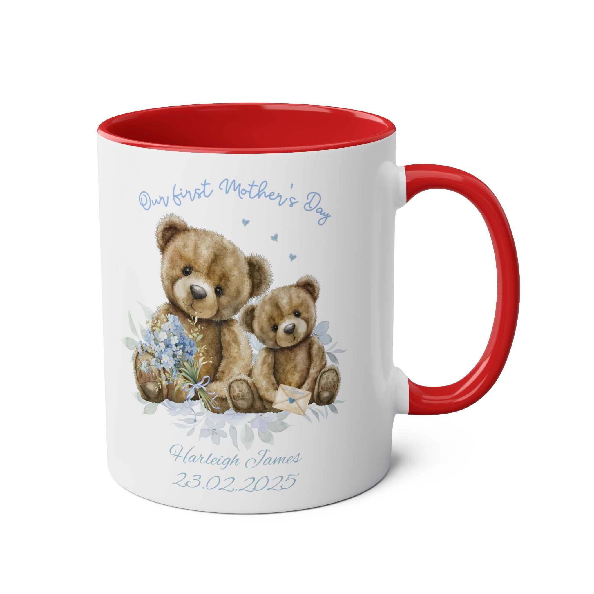 Personalised Our First Mother's Day mug with teddy bear design and red handle.