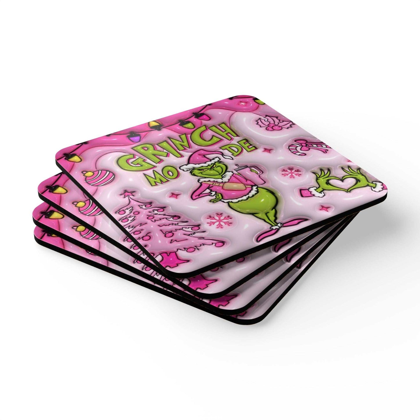 Grinch Mode Christmas Coaster Set with grumpy Grinch design, pink background, high-gloss finish, and cork back.