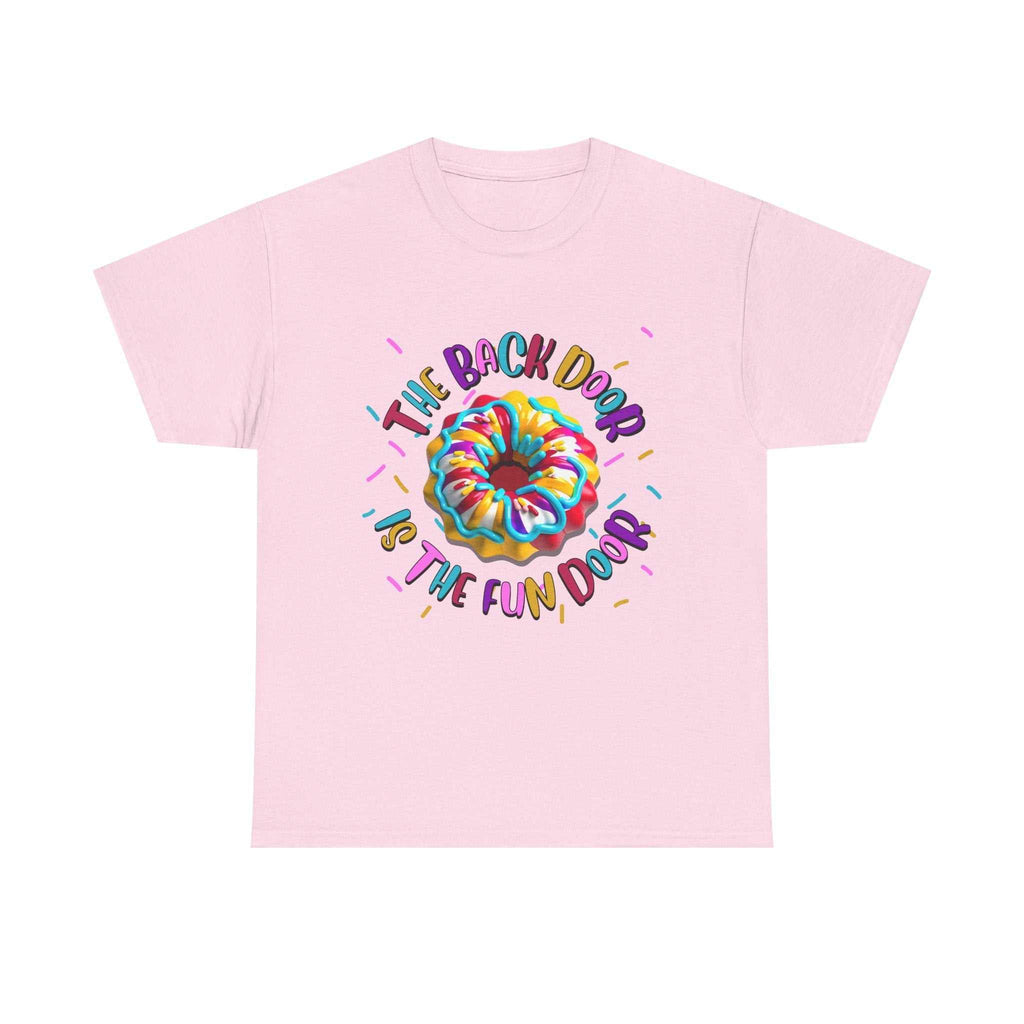 The Back Door is the Fun Door bold graphic t-shirt with cheeky humor and soft cotton fabric