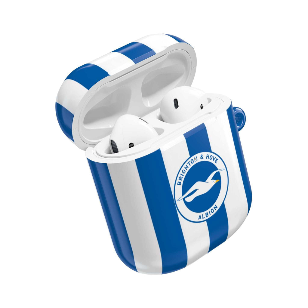 Brighton FC AirPods protective case with blue and white stripes and club crest for AirPods and AirPods Pro