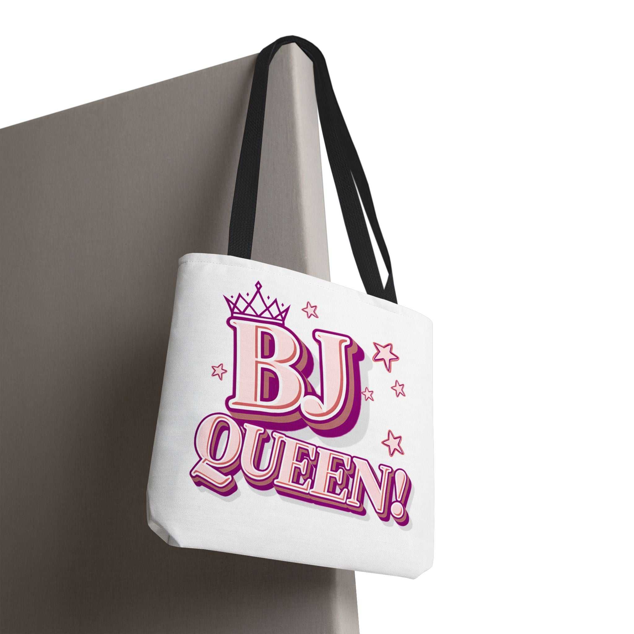 BJ Queen Tote Bag with cheeky design, available in 3 sizes, durable spun polyester, and multiple handle colors