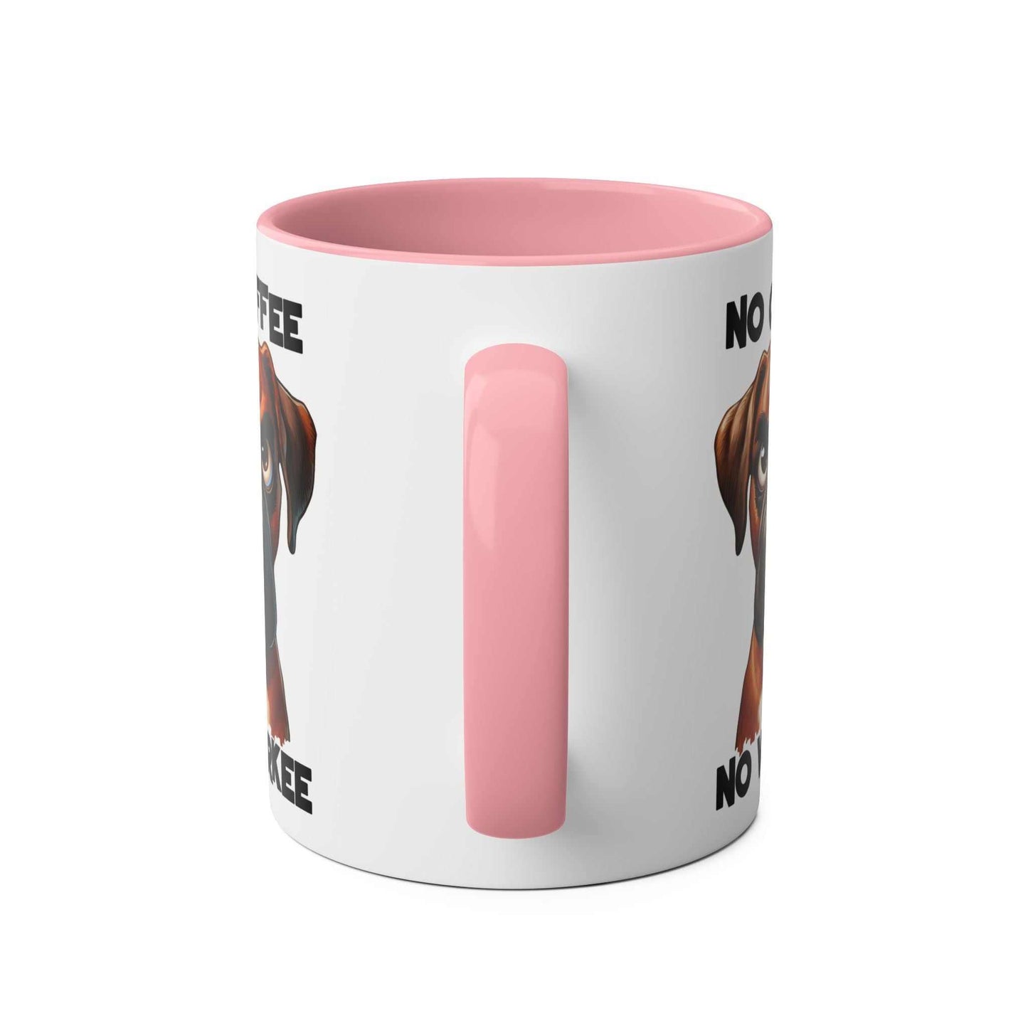 No Coffee No Workee Mug with sarky dog design, pink handle and interior.