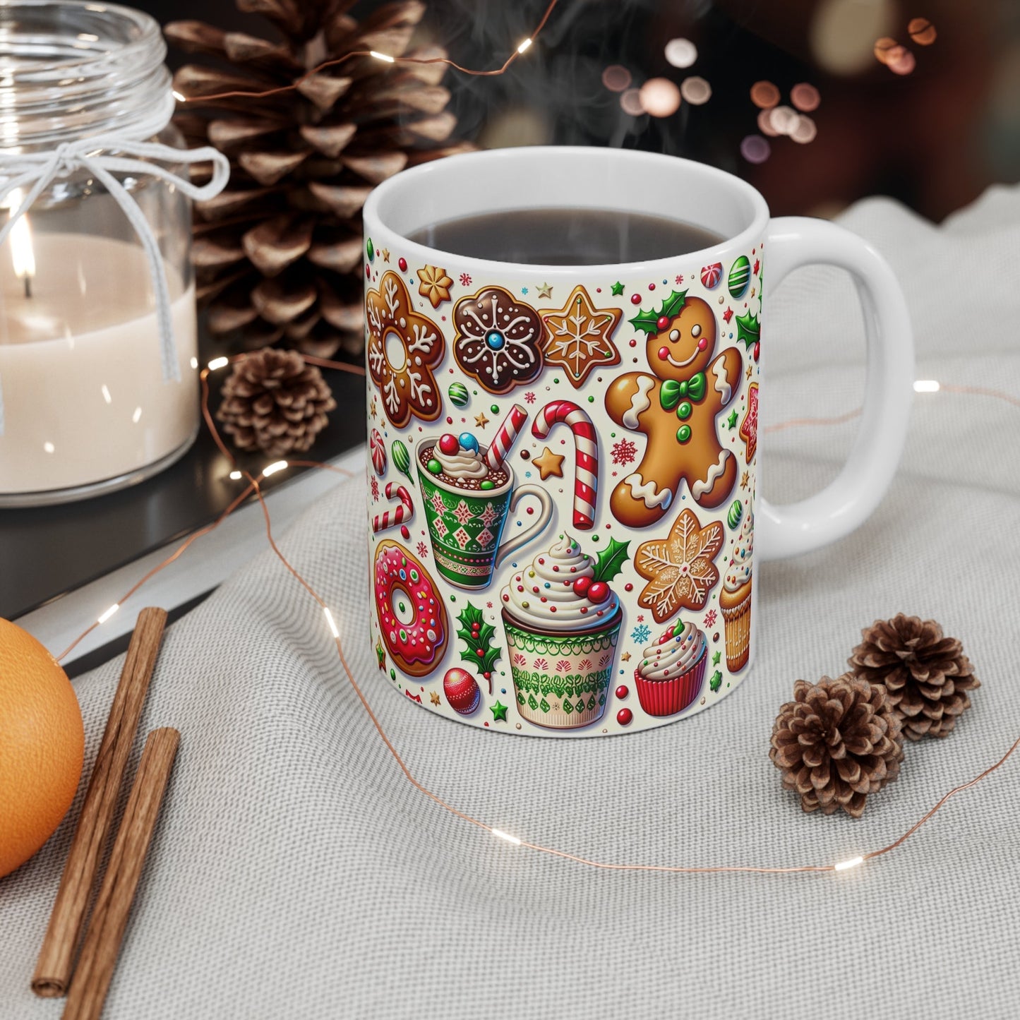 Gingerbread Christmas mug with festive design, ceramic, 11oz, glossy finish, microwave and dishwasher safe.