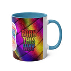 LGBTQ+ Pride Mug with vibrant rainbow design, "Born This Way" text.