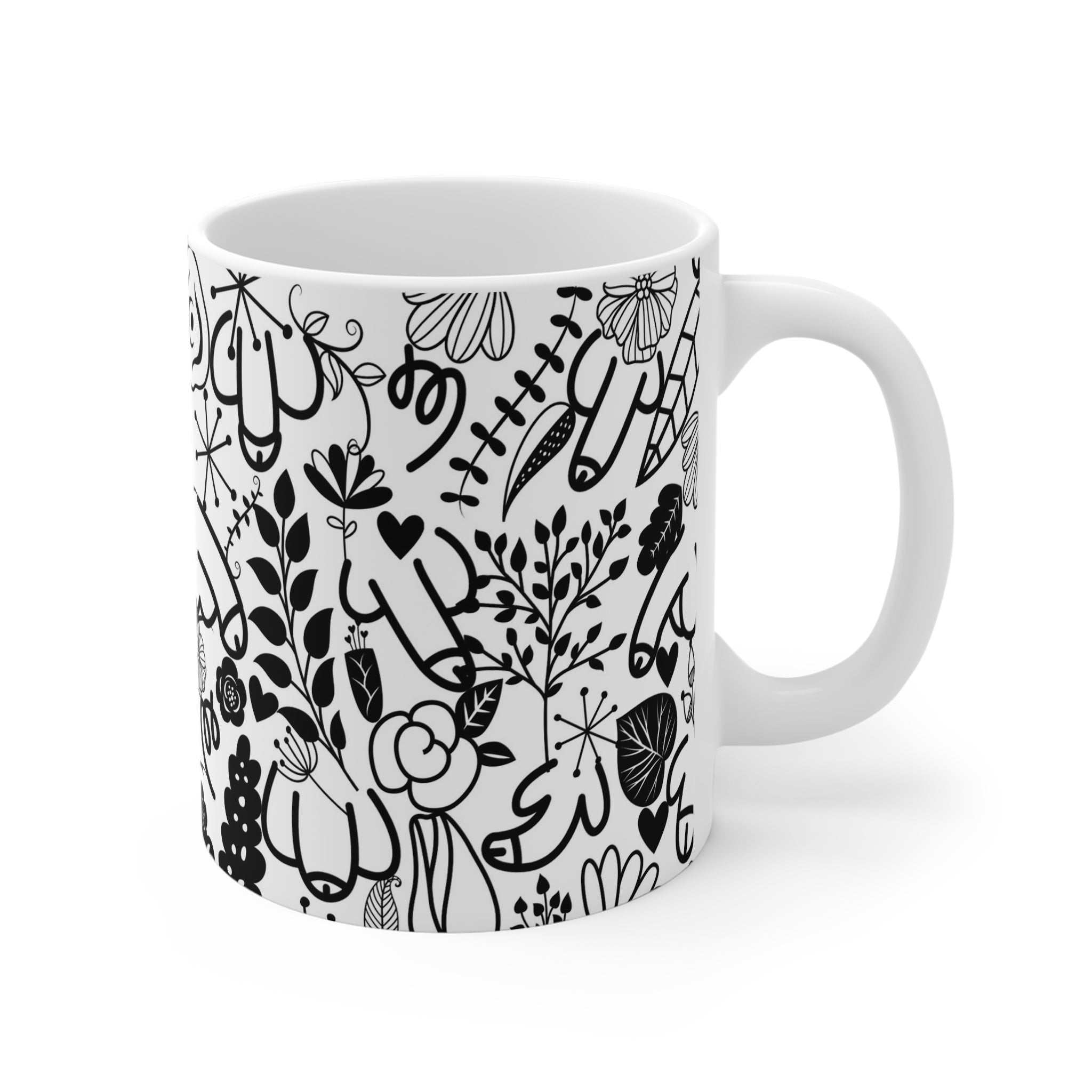 White ceramic 11oz mug with cheeky black floral willy illustrations and glossy finish, microwave and dishwasher safe.