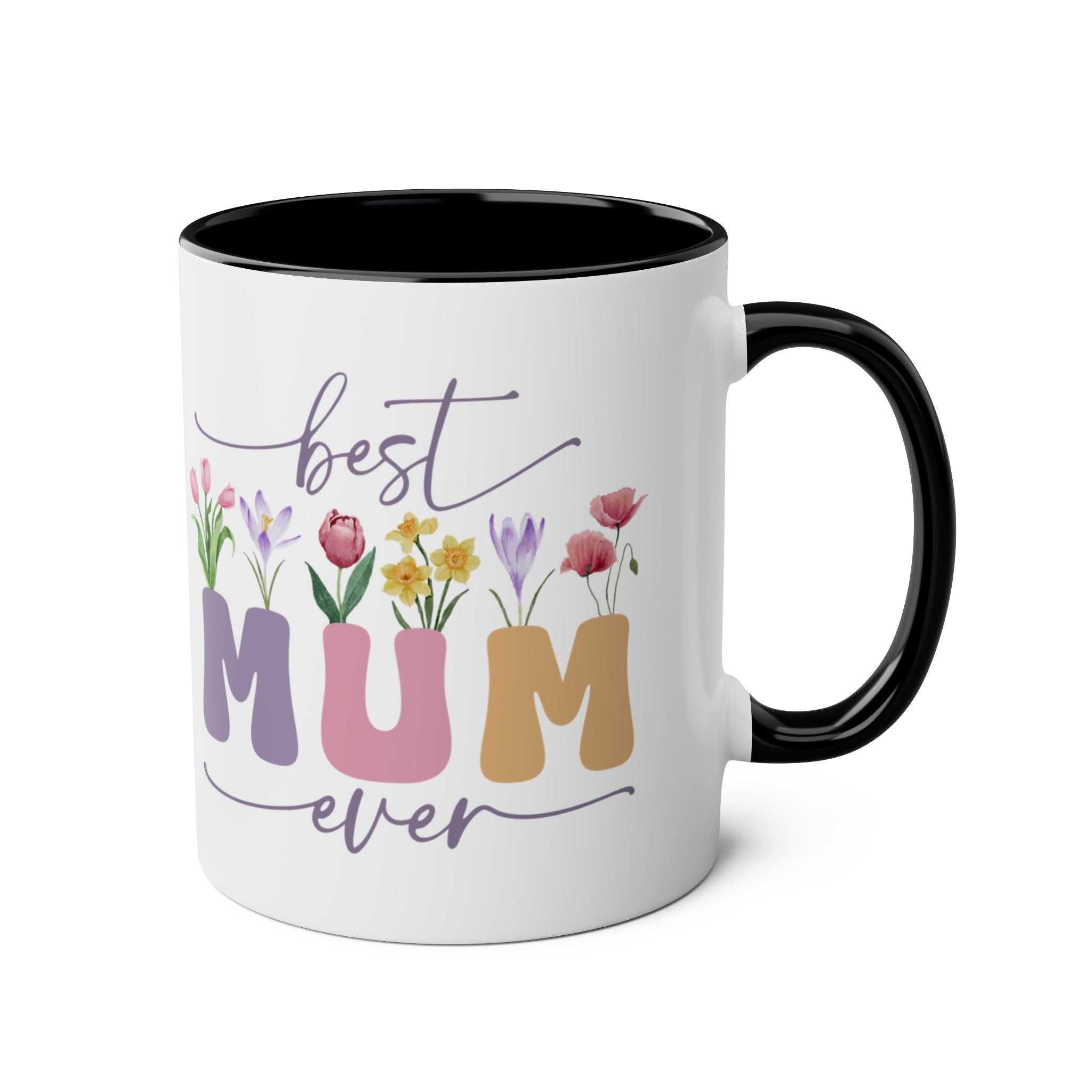 Best Mum Ever Mother's Day gift mug with floral design and black interior.