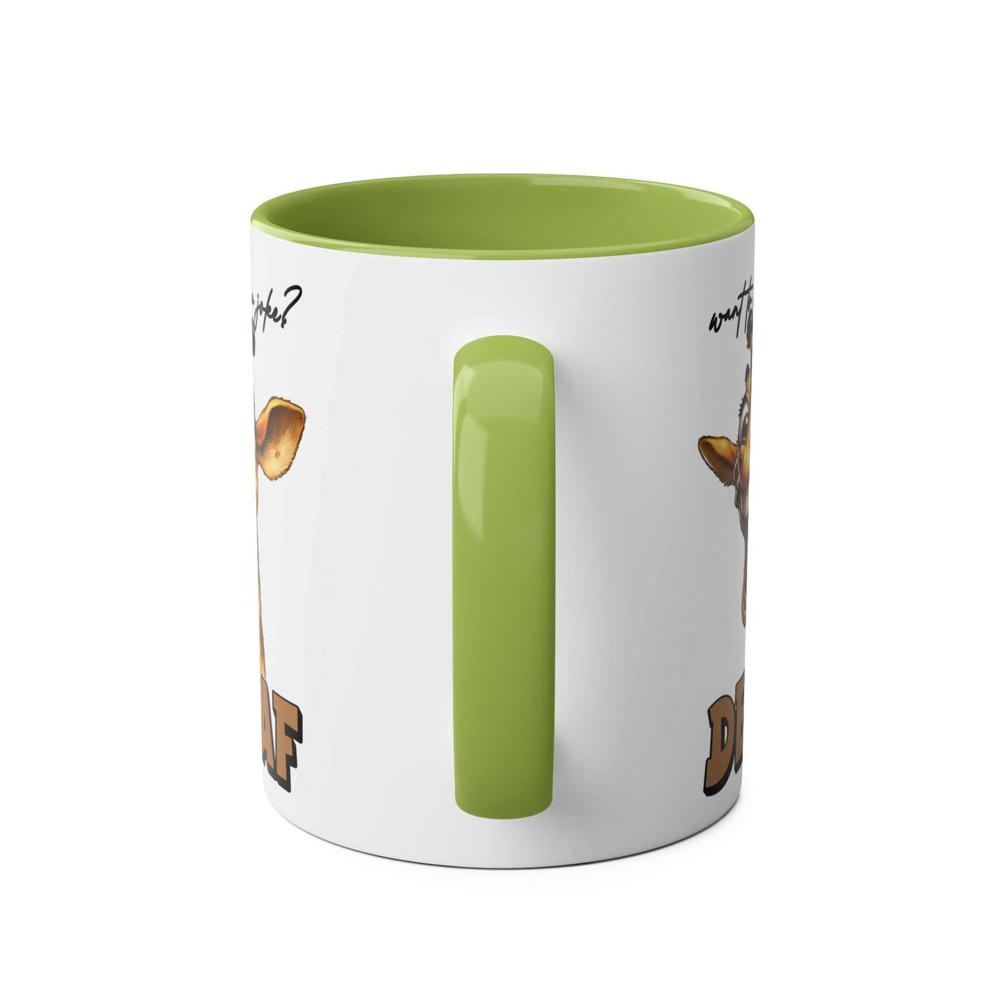 Decaf Joke Coffee Mug with giraffe design and funny quote, green handle and interior, 11oz ceramic, glossy finish.