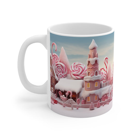 Candy Town Christmas Mug with festive design, 11oz ceramic, glossy finish.