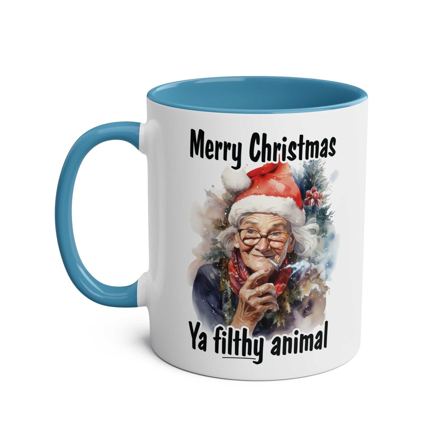 Festive mug with playful Christmas design and "Merry Christmas Ya filthy animal" text.