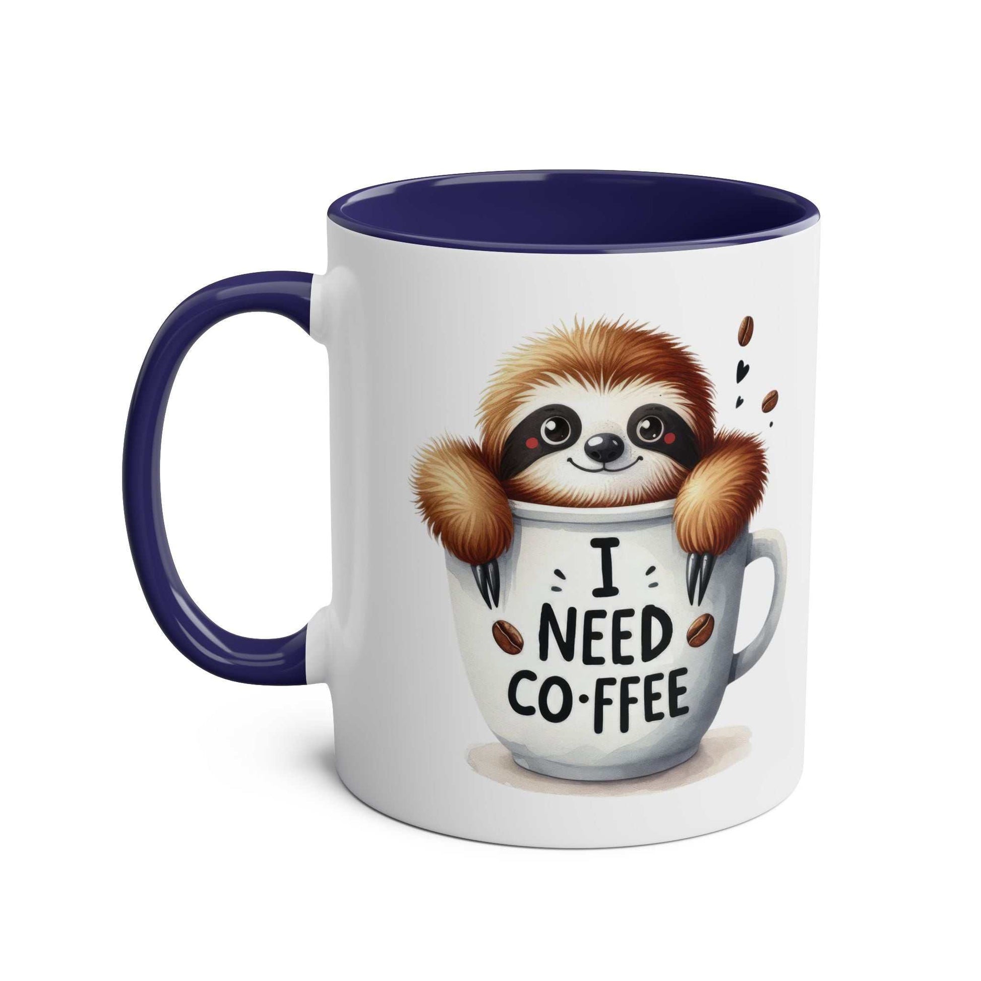 Cute sloth coffee mug with "I Need Coffee" design, 11oz ceramic, glossy finish.