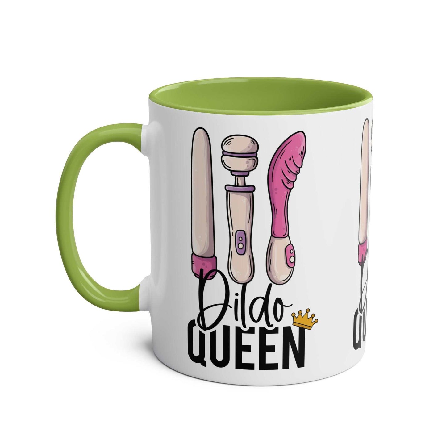 Dildo Queen Coffee Mug with humorous design, glossy finish, and green interior.