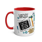 Fun Fathers Day Gift Mug with humorous dad-themed graphics, red interior, 11oz ceramic, microwave and dishwasher safe.