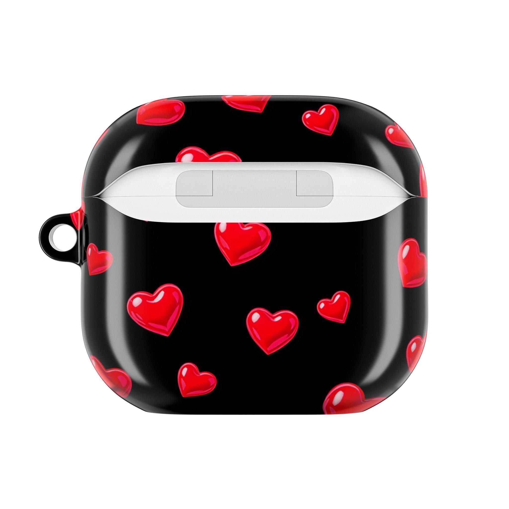 Black AirPods case decorated with vibrant red hearts, hard shell protective cover for AirPods and AirPods Pro