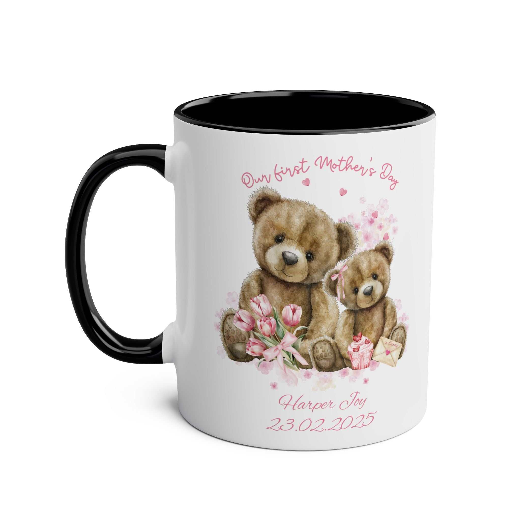 Personalised Our First Mother's Day mug with teddy bears design and custom text, perfect gift for mom.