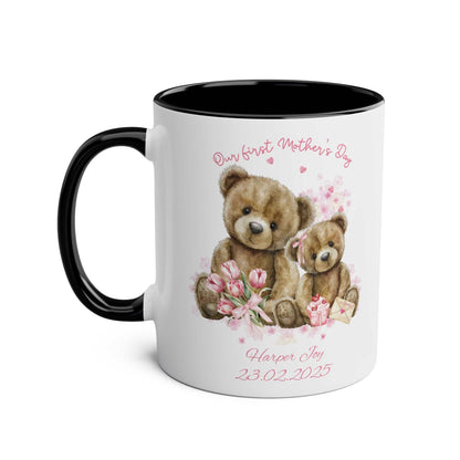 Personalised Our First Mother's Day mug with teddy bears design and custom text, perfect gift for mom.