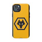 Wolves FC MagSafe iPhone case with gold and black wolf logo, dual-layer protection, and MagSafe compatibility