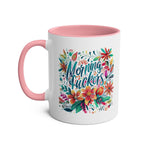 Hilarious floral Morning Fuckers Coffee Mug with pink handle.
