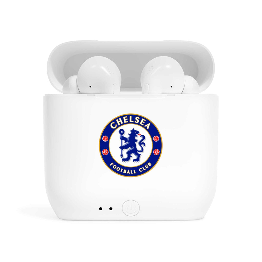 White Chelsea Fc wireless earbuds with charging case featuring fan-inspired club crest design