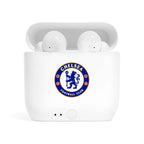 White Chelsea Fc wireless earbuds with charging case featuring fan-inspired club crest design