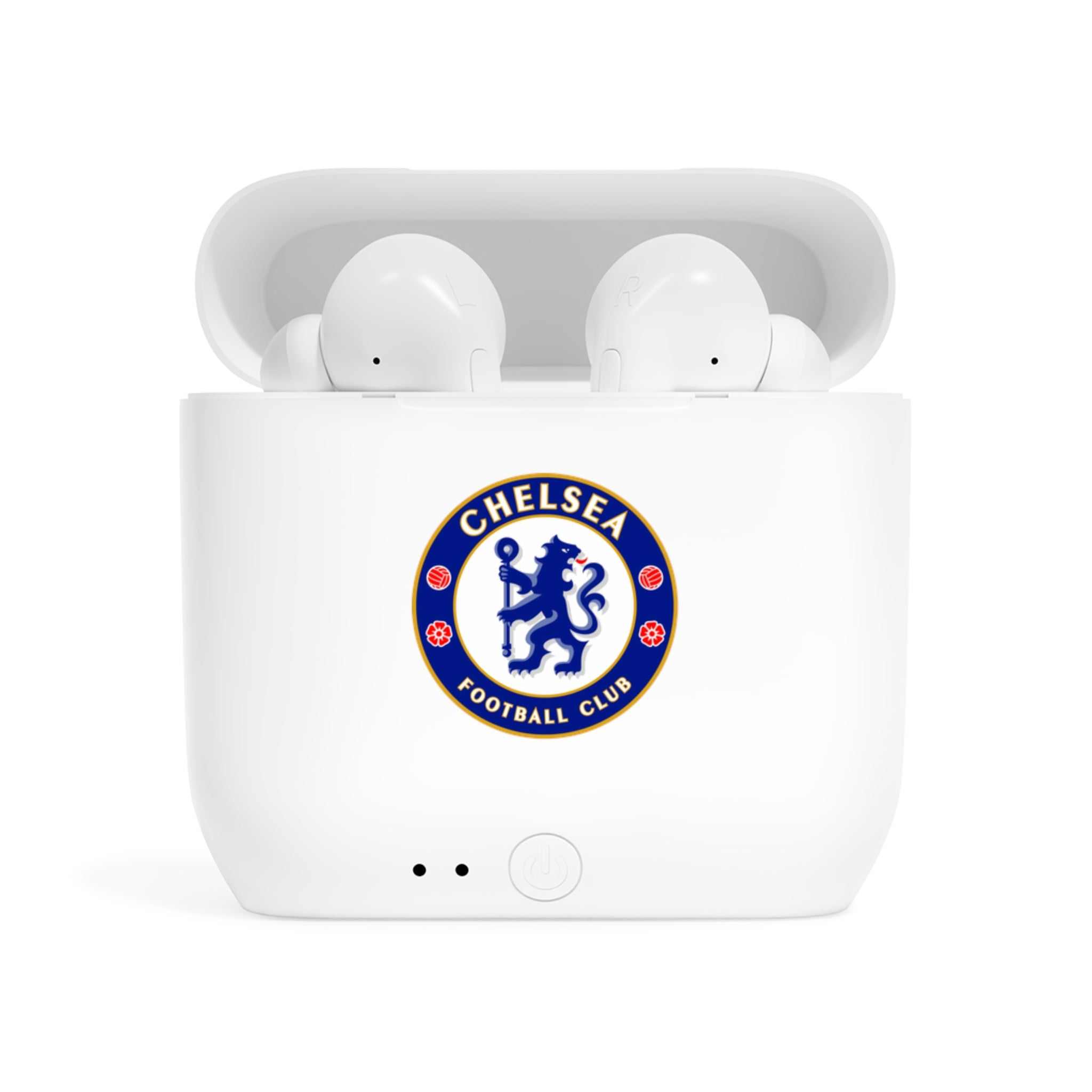 White Chelsea Fc wireless earbuds with charging case featuring fan-inspired club crest design