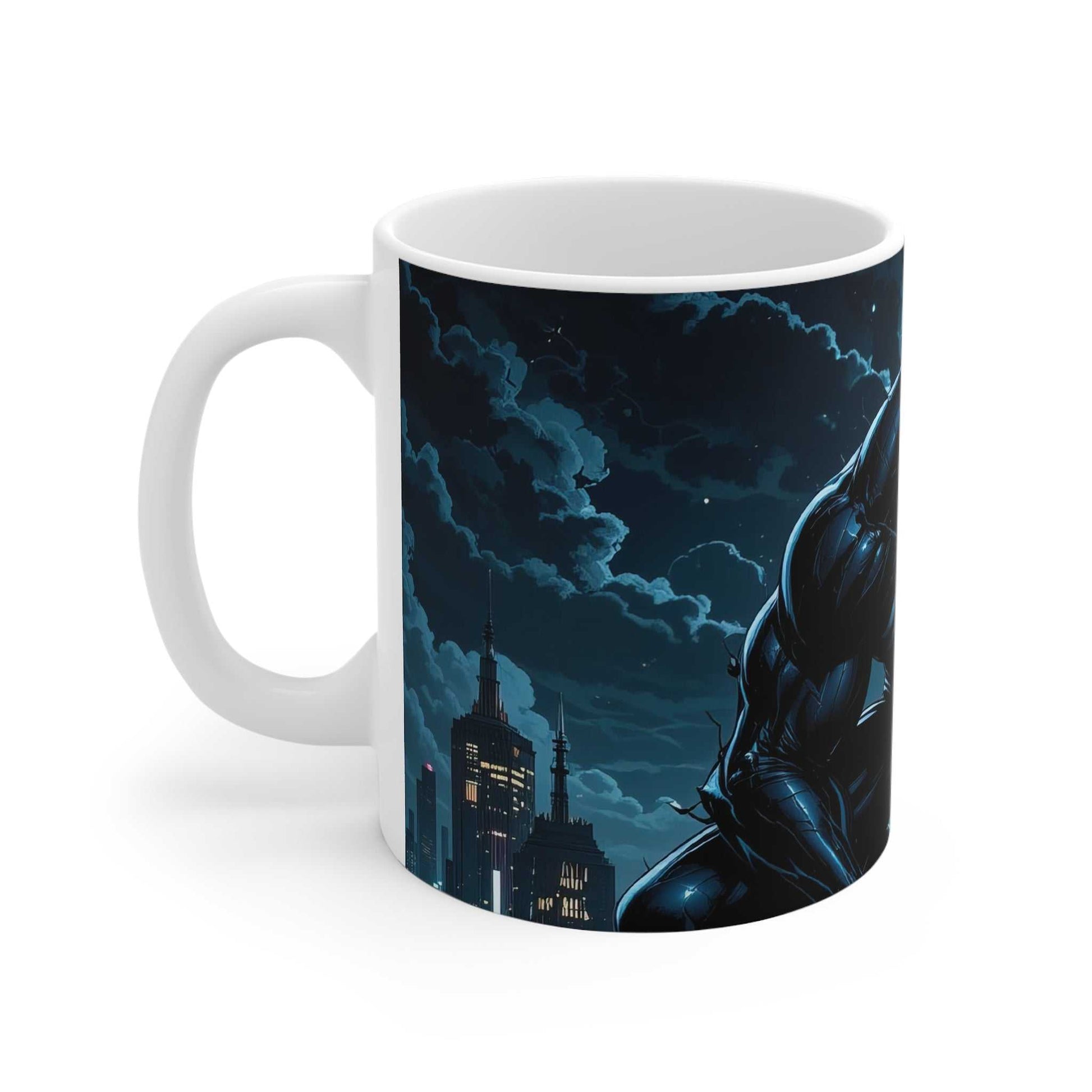 Venom-inspired coffee mug with superhero design, glossy finish, 11oz ceramic, microwave and dishwasher safe.