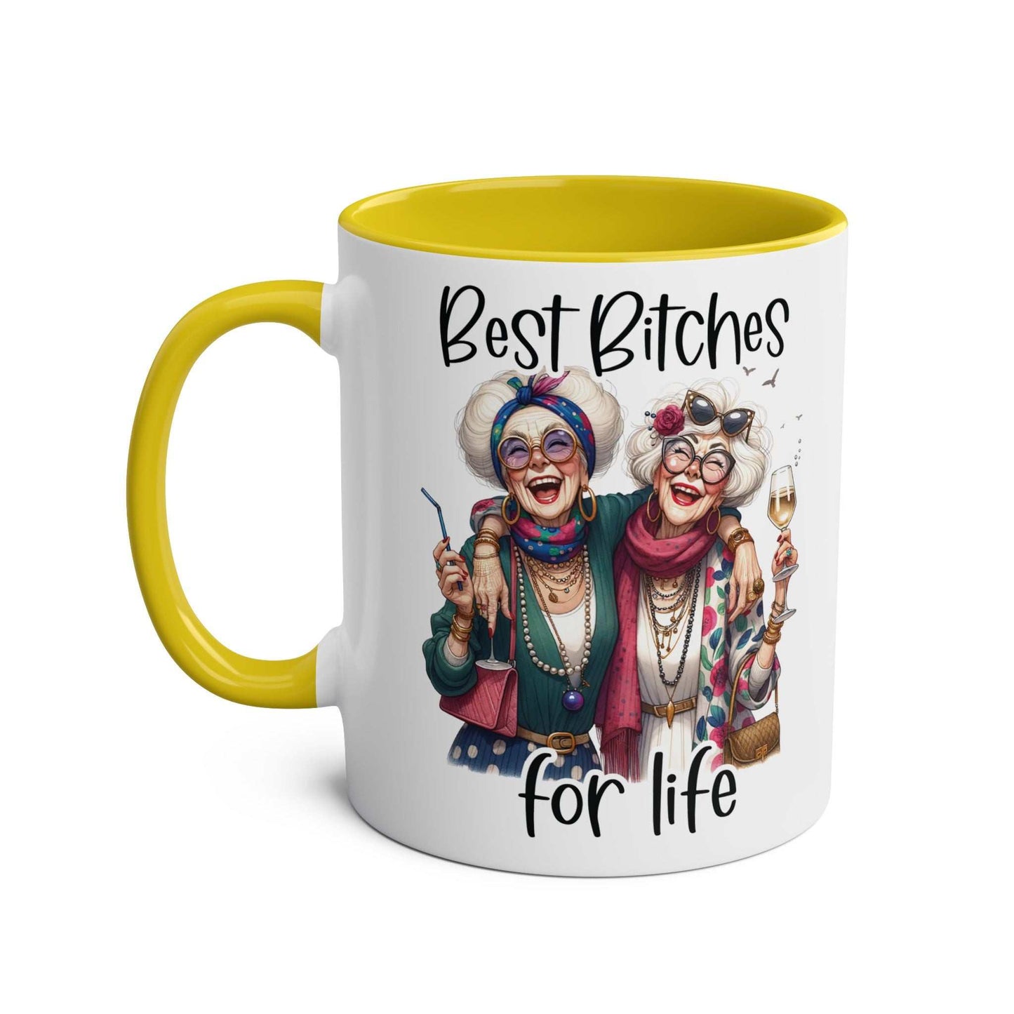 Best Bitches Ceramic Two Tone Mug with humorous design; perfect friendship gift; available in seven colors.