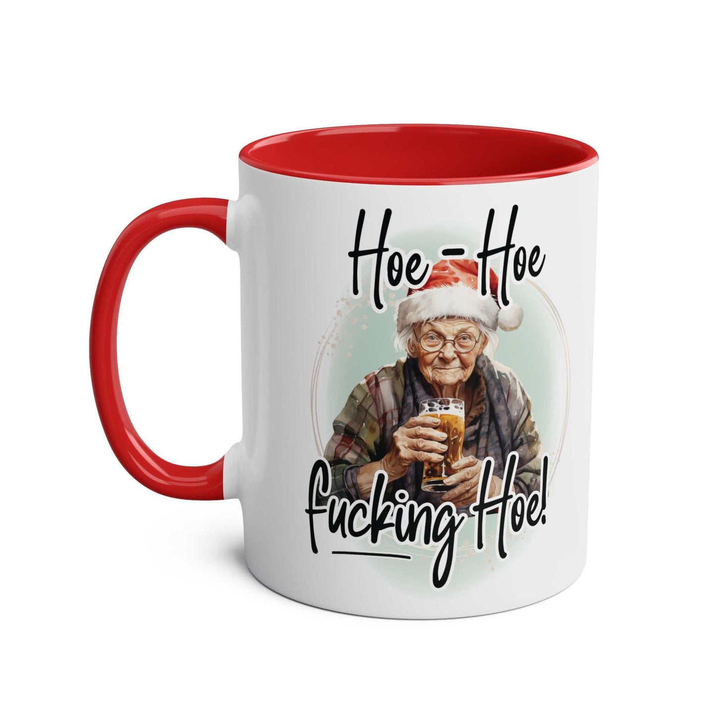 Festive sweary granny Christmas mug with red interior and handle, cheeky holiday design.