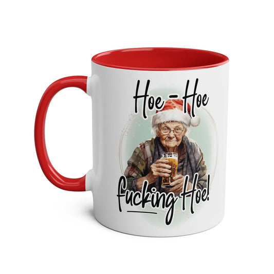 Festive sweary granny Christmas mug with red interior and handle, cheeky holiday design.