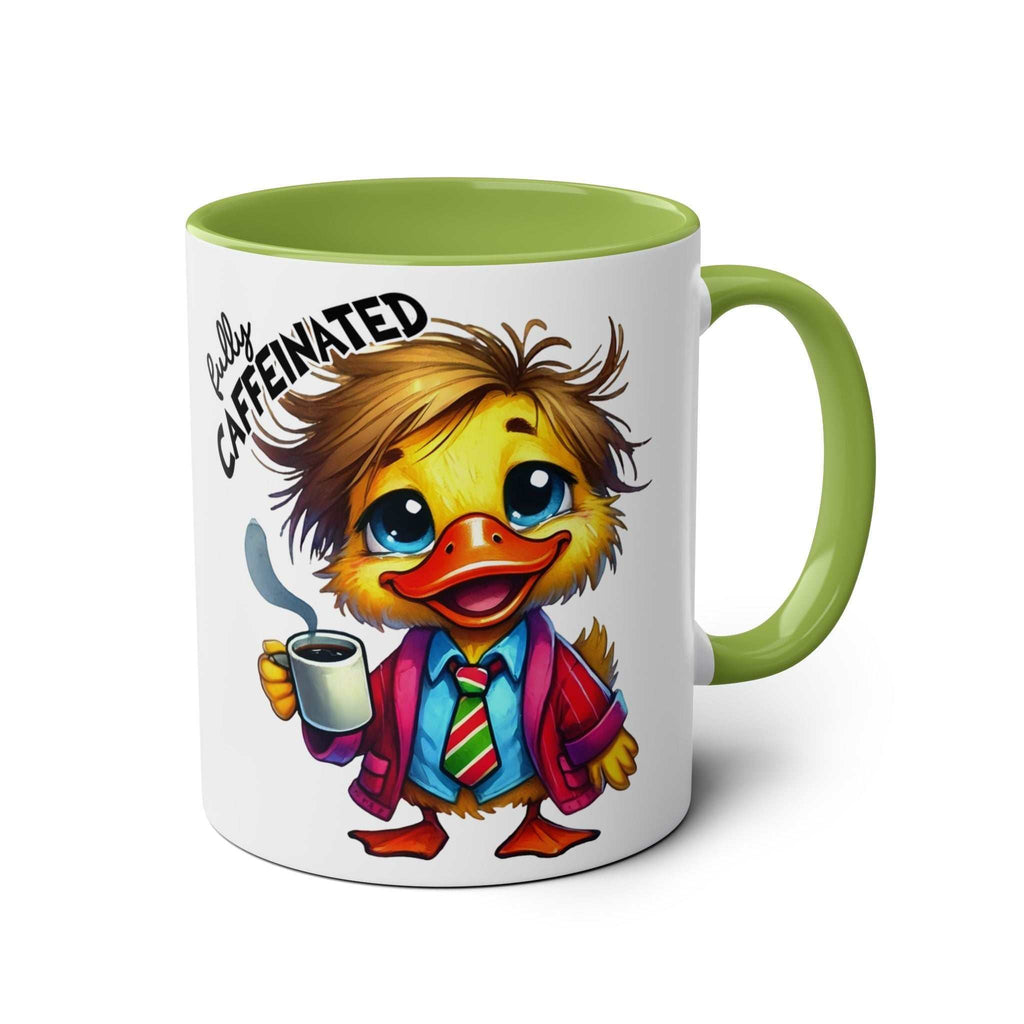 Fun Sarcastic Coffee Mug with cute duck illustration and "Fully Caffeinated" text, green interior and handle.