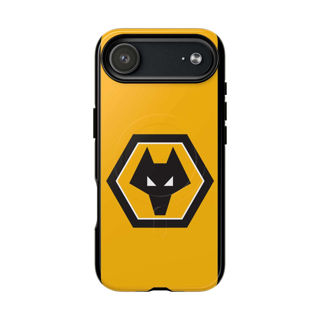 Wolves FC MagSafe iPhone case in gold and black with wolf crest, dual layer protection, and wireless charging compatible