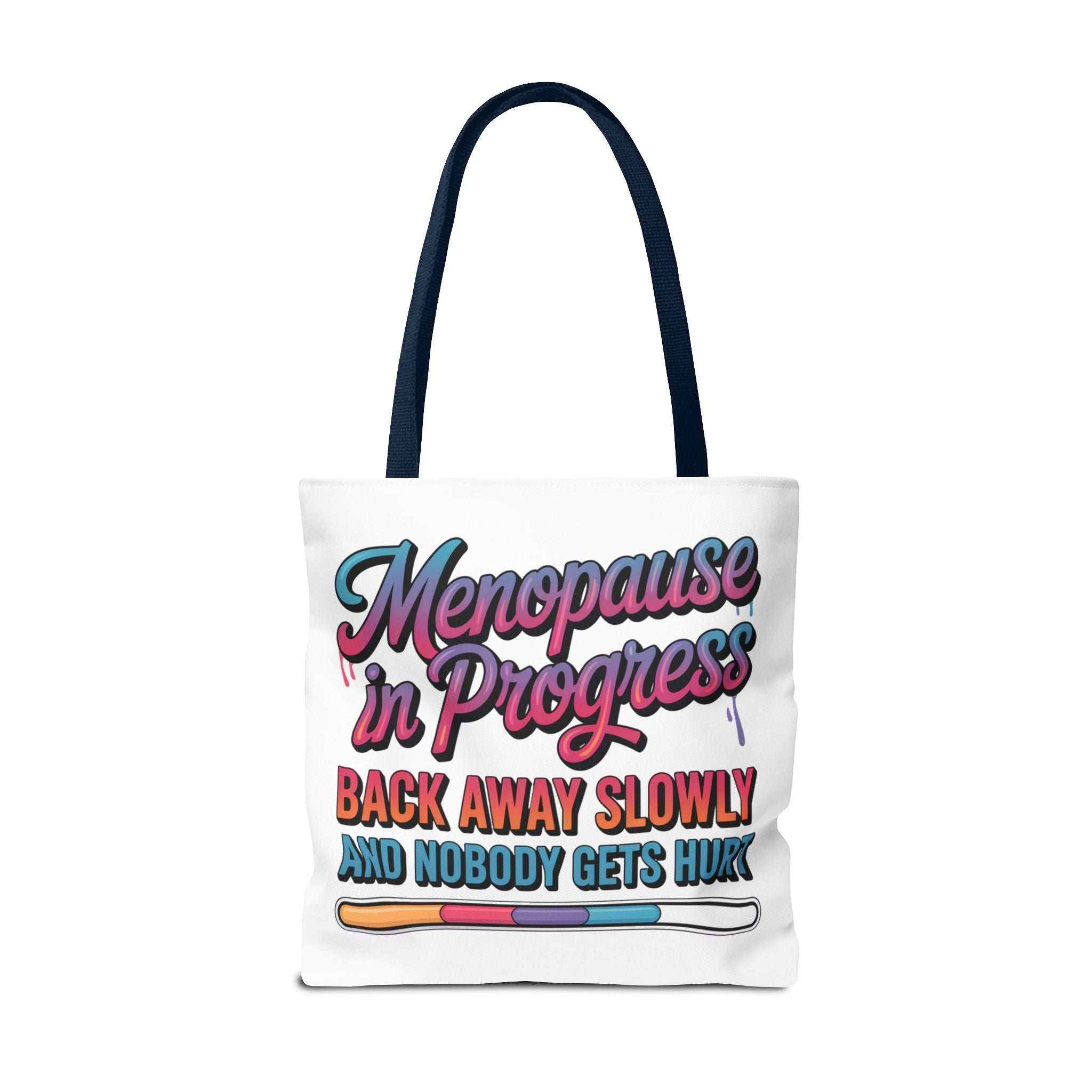 Menopause in Progress cheeky tote bag with durable spun polyester and multiple handle colors