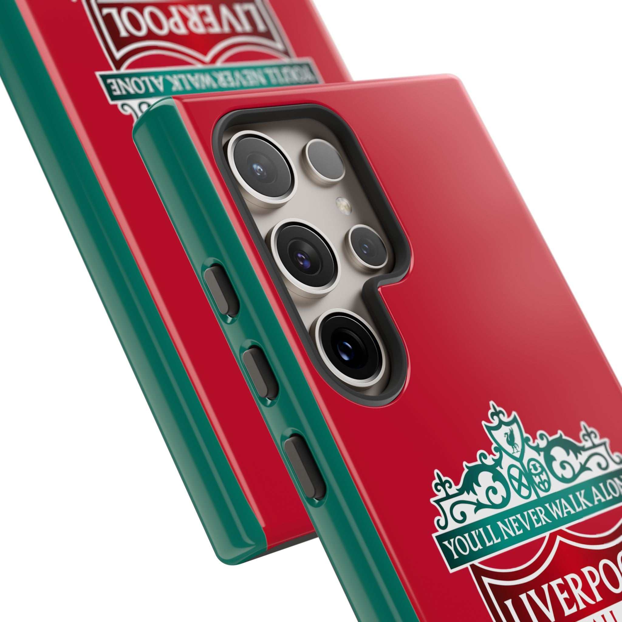 Liverpool FC magnetic shockproof Samsung Galaxy case in red with dual-layer defense and wireless charging compatibility