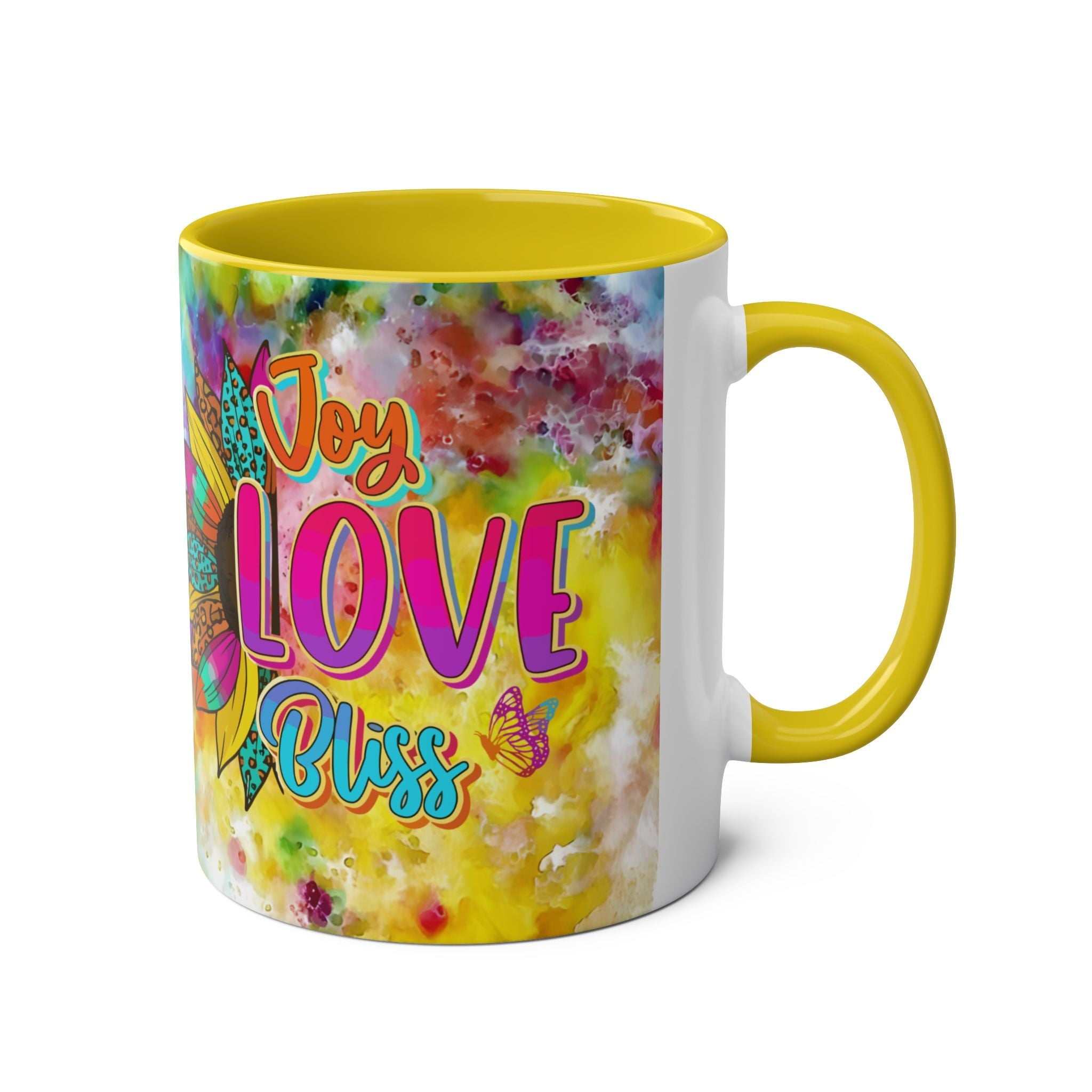 LGBTQ+ Pride Mug with vibrant rainbow design and "Joy Love Bliss" text.